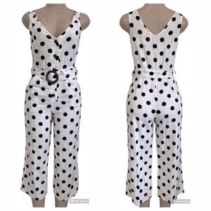 Linen blend wide leg cropped belted jumpsuit polka dot vintage retro 1950’s